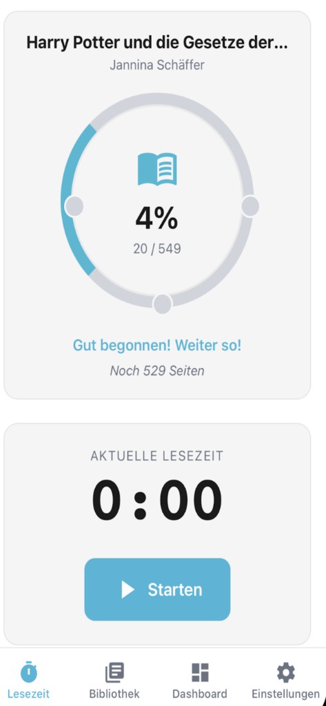 Lemia auf iOS: Lesefortschritt mit Kreisdiagramm, aktuelle Lesezeit mit Start-Button und unterer Tab-Navigation.